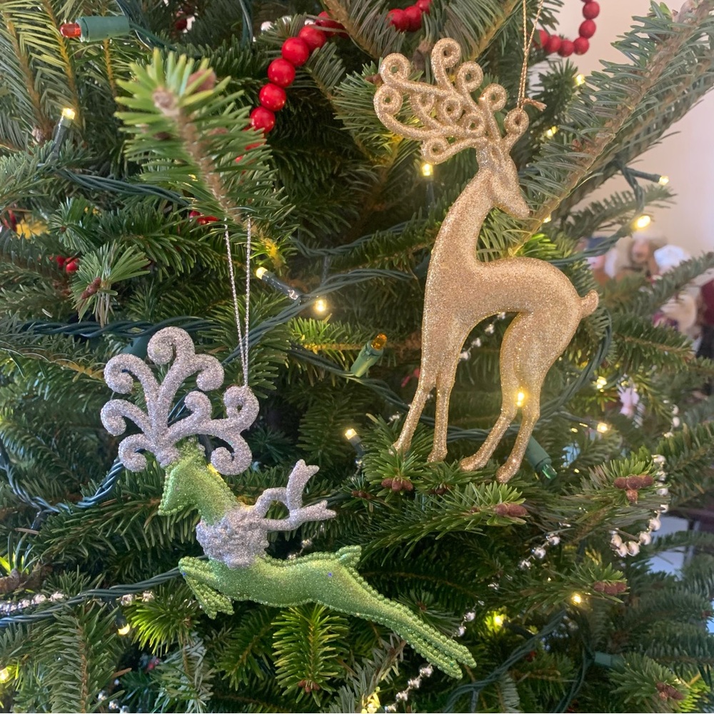 Vintage Glitter Reindeer Ornament set of 2 Green/Silver and Gold